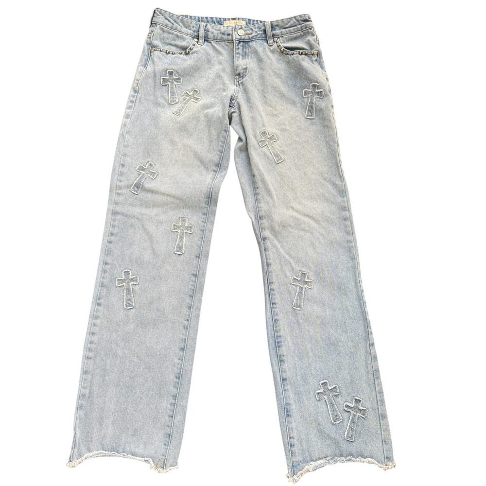 Austin Landing Jeans Cross Patch Studded Sz 5 Light Wash Western Boho Festival